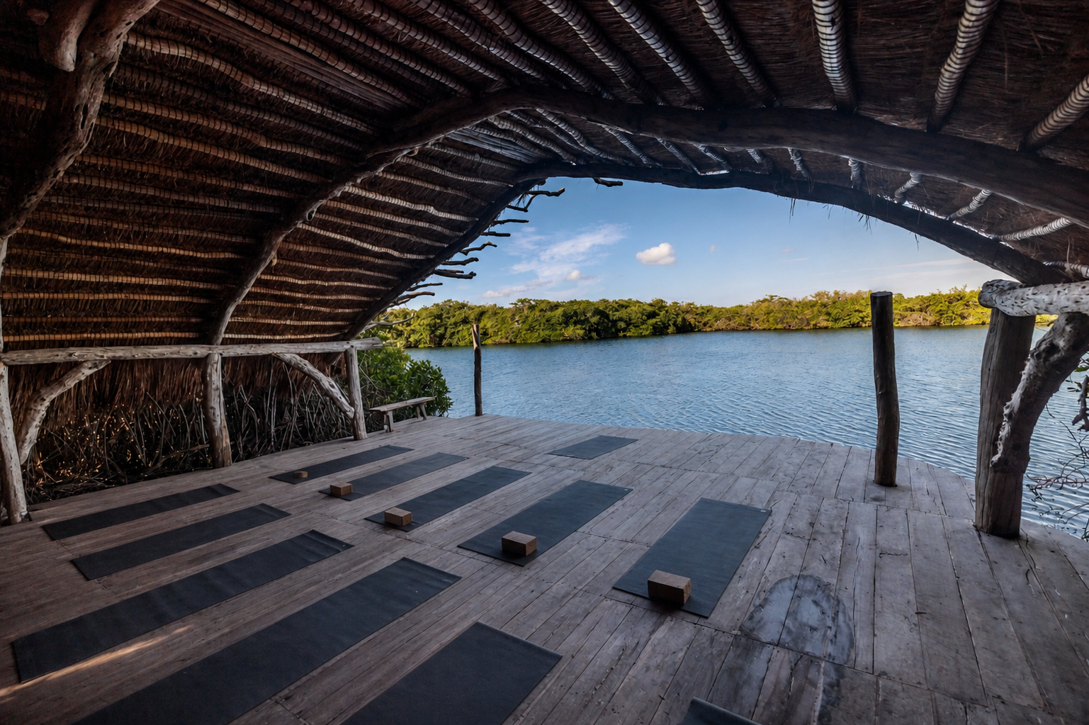 A quiet architectural retreat space at first light